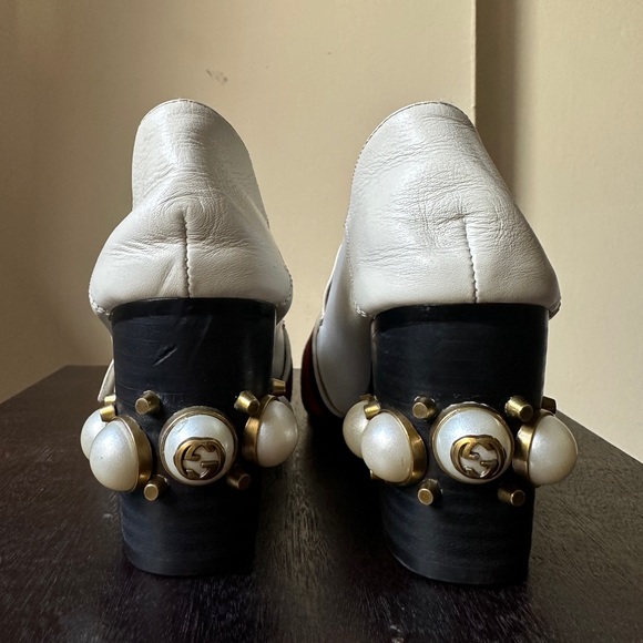 GUCCI Beige Leather Peyton GG Marmont Web Crystal Embellished Block Heel… - Picture 6 of 12